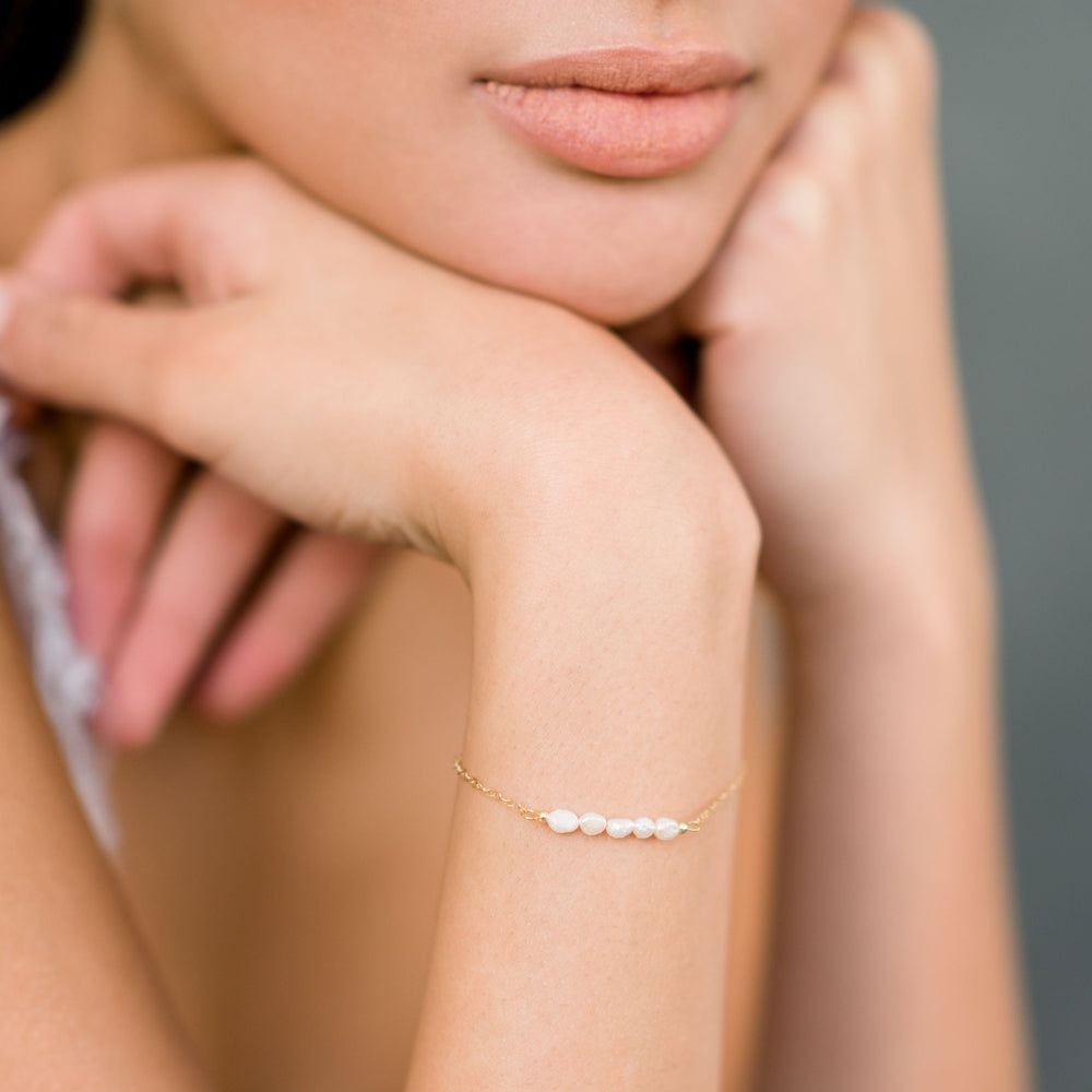 Gold Delicate Freshwater Vintage Pearl Bridal Beaded Bar Bracelet with Extender Chain - Made in Toronto Ontario Canada - Blair Nadeau Bridal - Whitney Heard Photography